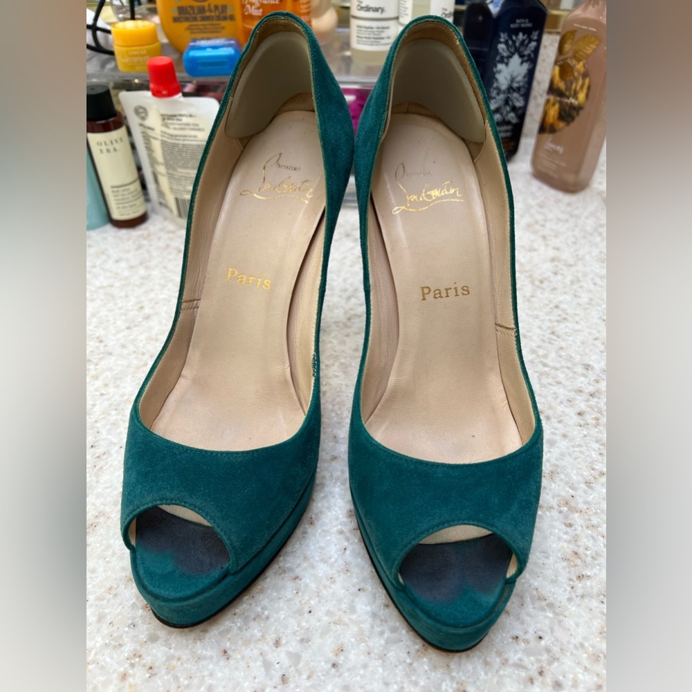 Christian Louboutin Teal Peep Toe Pumps 37